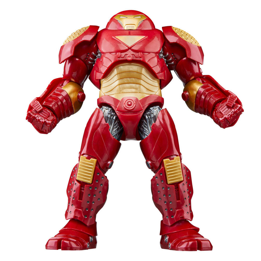 Figurine Hulkbuster Marvel avec accessoires posés à côté sur surface claire