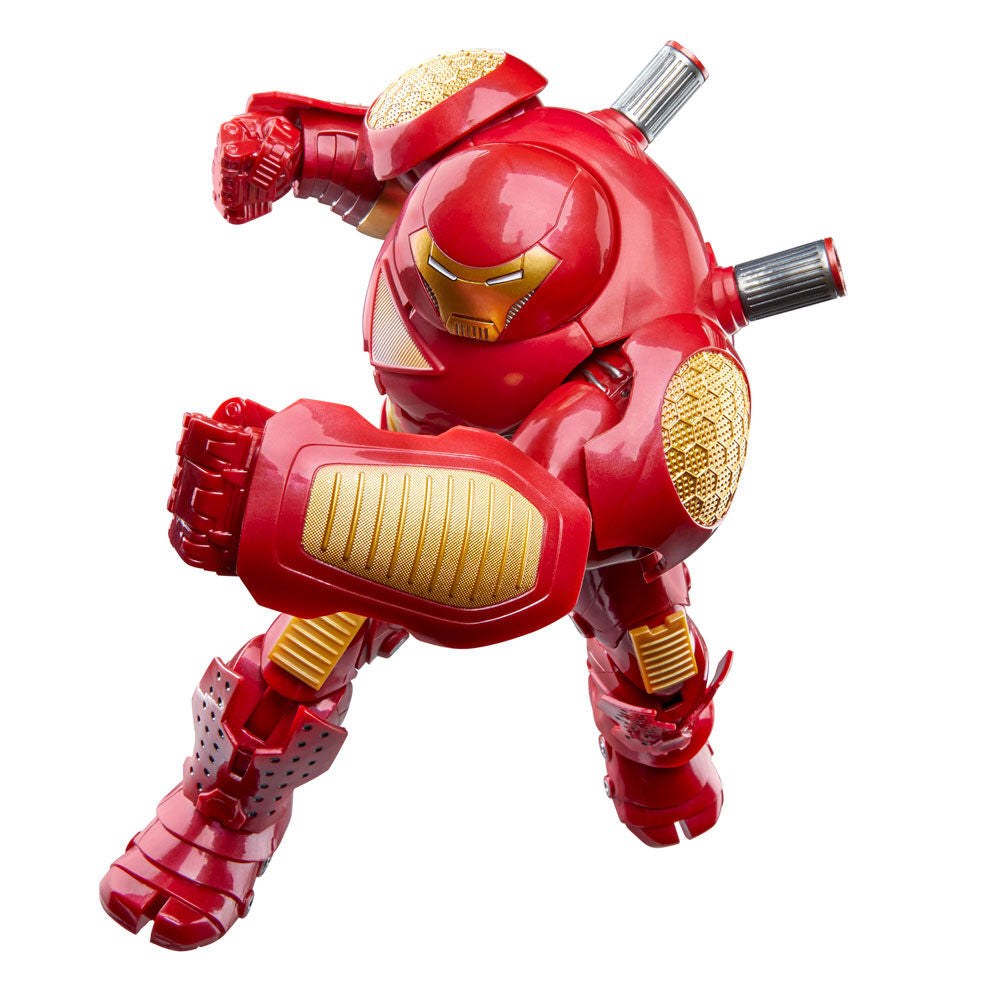 Figurine Hulkbuster Marvel posée avec accessoires en mode combat dynamique