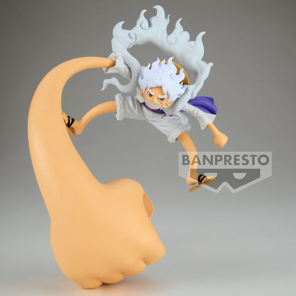 Profil gauche de la figurine Monkey D Luffy Gear 5 BANPRESTO en couleur vive