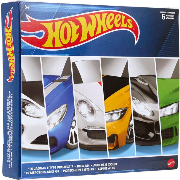 Vue rapprochée d'un assortiment de 6 voitures classiques européennes Hot Wheels aux couleurs vives sur fond blanc.