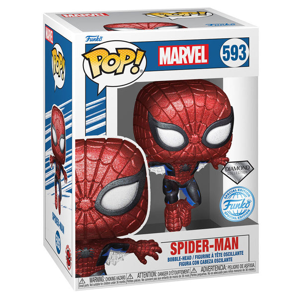 Détail de la figurine Funko POP Spiderman Marvel exclusive en vinyle de 9 cm.