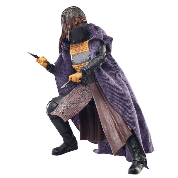 Vue de face de la figurine Star Wars The Acolyte Mae Assassin avec accessoires
