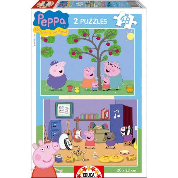 Puzzle Peppa Pig EDUCA BORRAS avec deux puzzles de 48 pièces chacun, dimensions 28x20 cm, présenté sur fond blanc.