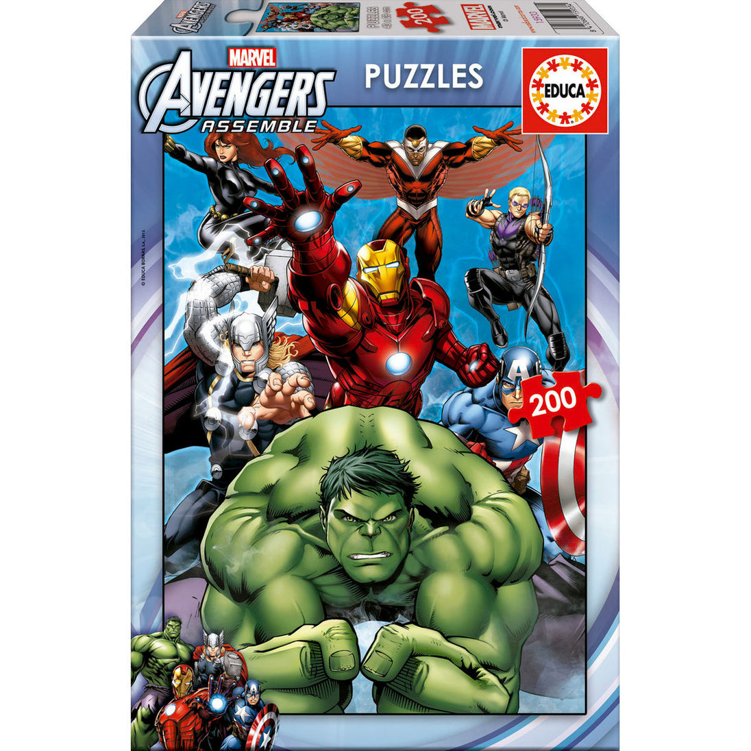 Puzzle Marvel Avengers 200 pièces assemblé montrant les héros emblématiques sur fond coloré, produit EDUCA BORRAS de taille 40x28 cm.