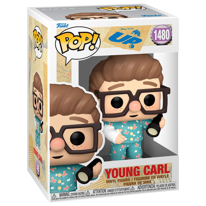Vue rapprochée de la figurine Funko POP Carl jeune, détail du visage et des vêtements dans un style vinyl collector