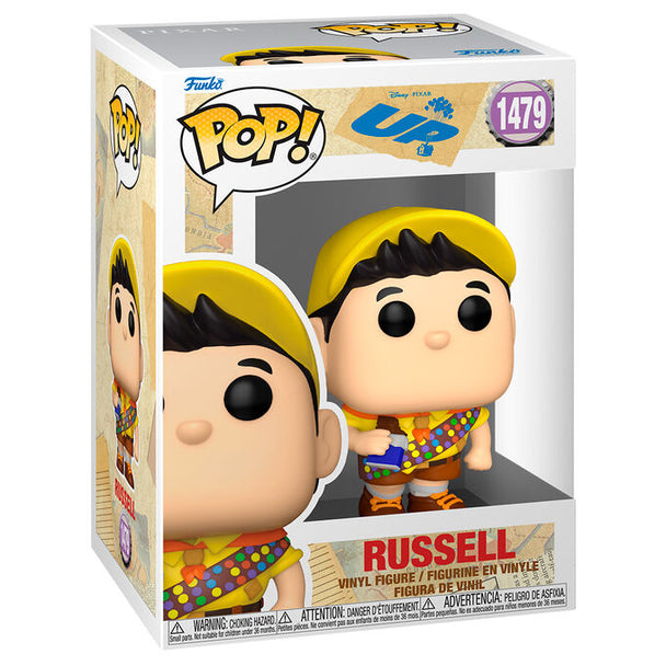 Vue rapprochée de la figurine Funko POP Russell avec détails colorés et boîte collector