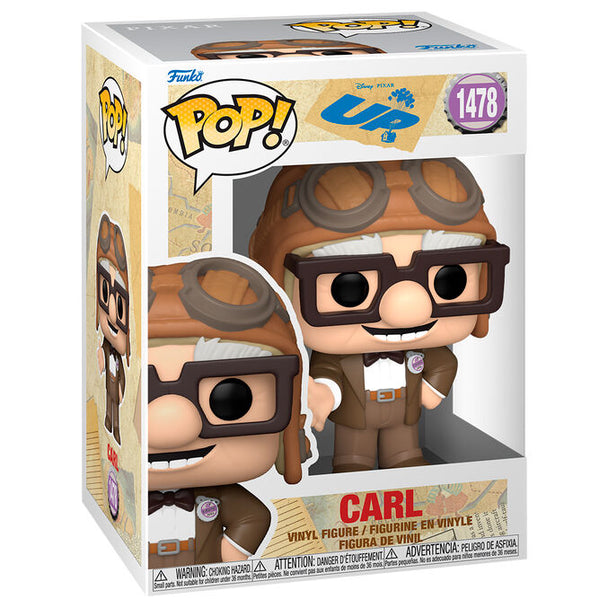 Figurine Funko POP Carl du film Disney Pixar UP en vinyle, vue de face avec boîte cadeau