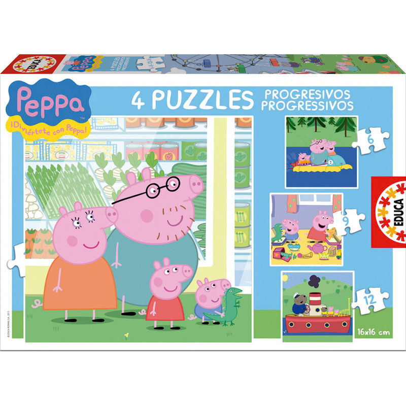 Puzzle progressif Peppa Pig EDUCA BORRAS avec 6 à 16 pièces colorées sur fond blanc, dimensions 16x16 cm.