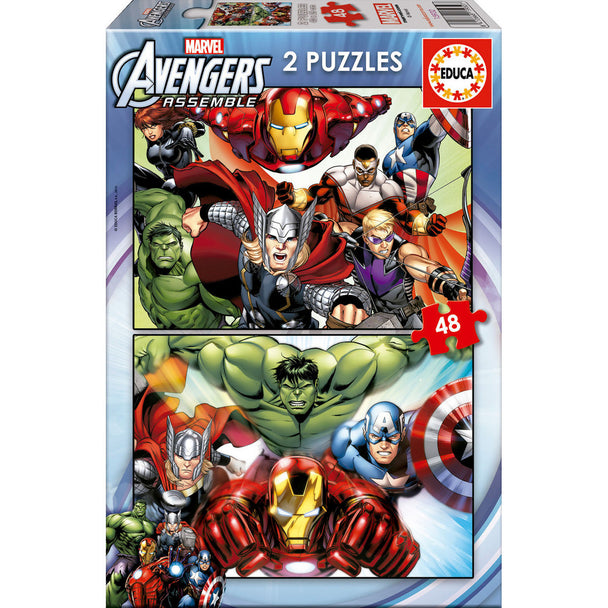 Puzzle Marvel Avengers 2x48 pièces avec images colorées des super-héros, dimensions 28x20 cm, marque EDUCA BORRAS.