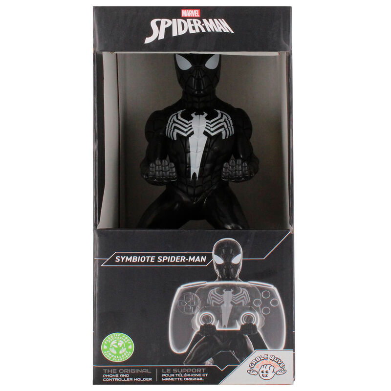 Zoom sur la texture et les détails du costume Symbiote Spider-Man sur le support