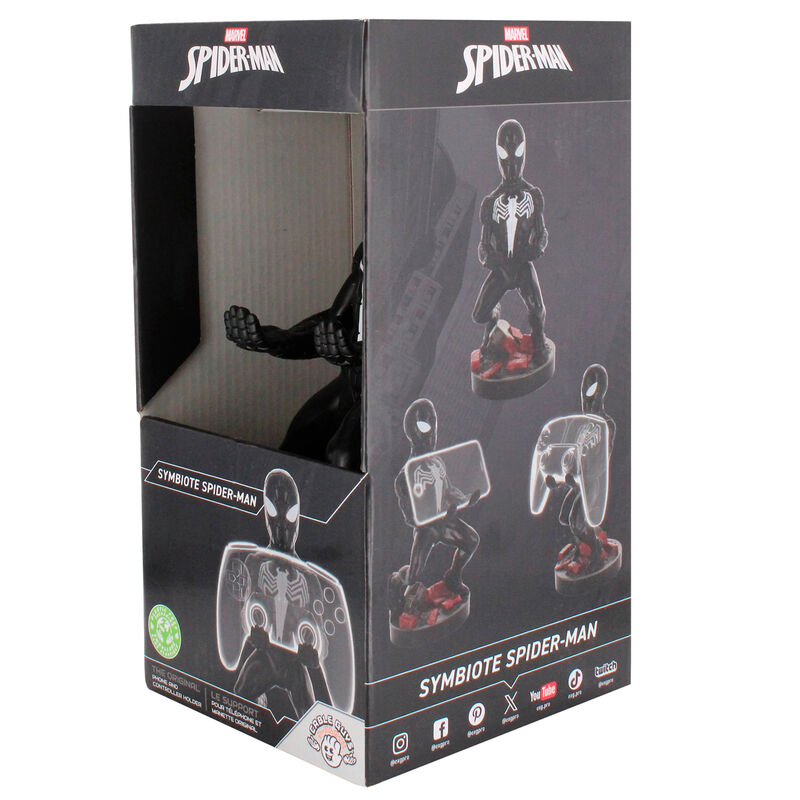 Comparaison taille : figurine Marvel Symbiote Spider-Man à côté d’une manette standard