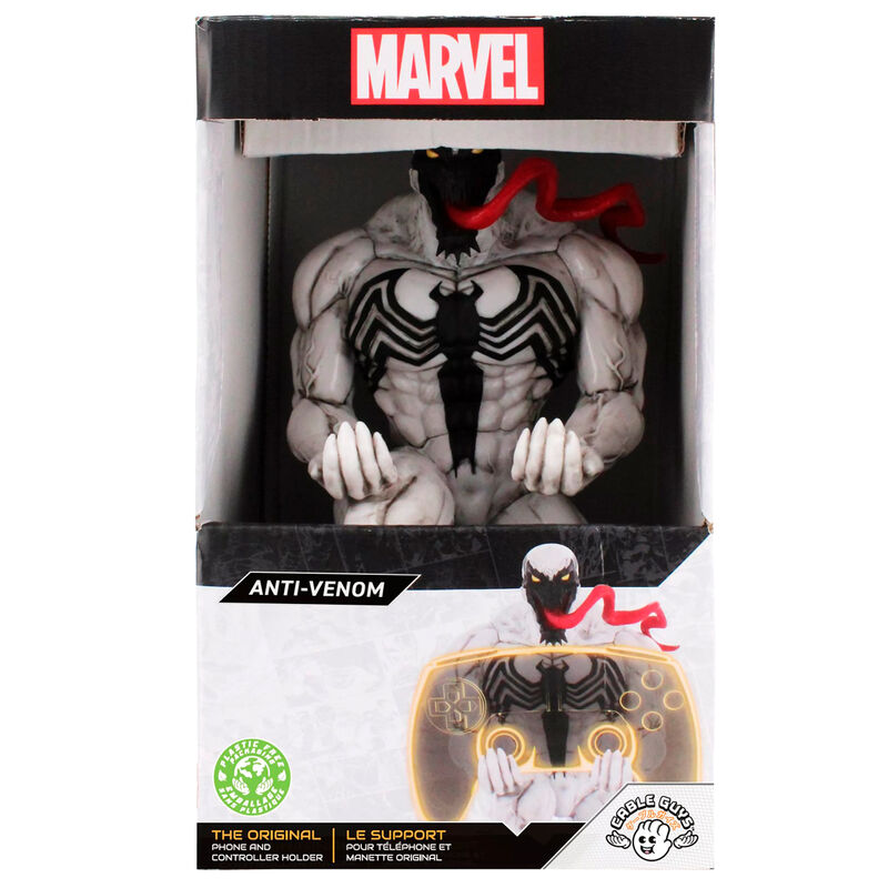 Photo d’ensemble du support Marvel Anti-Venom avec plusieurs manettes et smartphone pour démonstration.