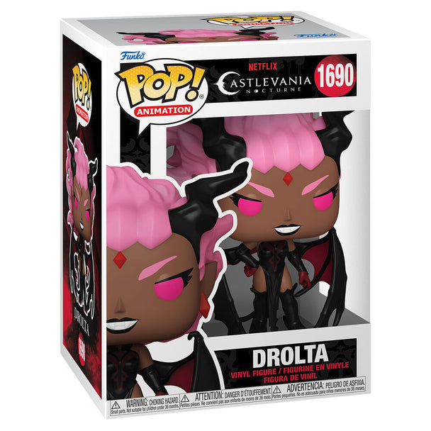 Vue rapprochée de la figurine Funko POP Drolta Castlevania Nocturne montrant les finitions soignées et la qualité du vinyle dans son packaging.