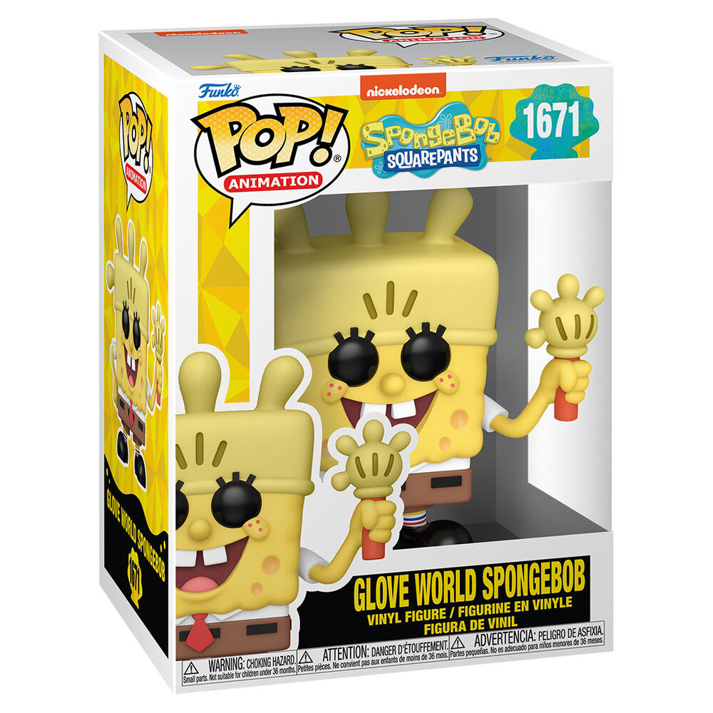 Vue rapprochée de la figurine Funko POP SpongeBob Glove World montrant les détails colorés et expressifs