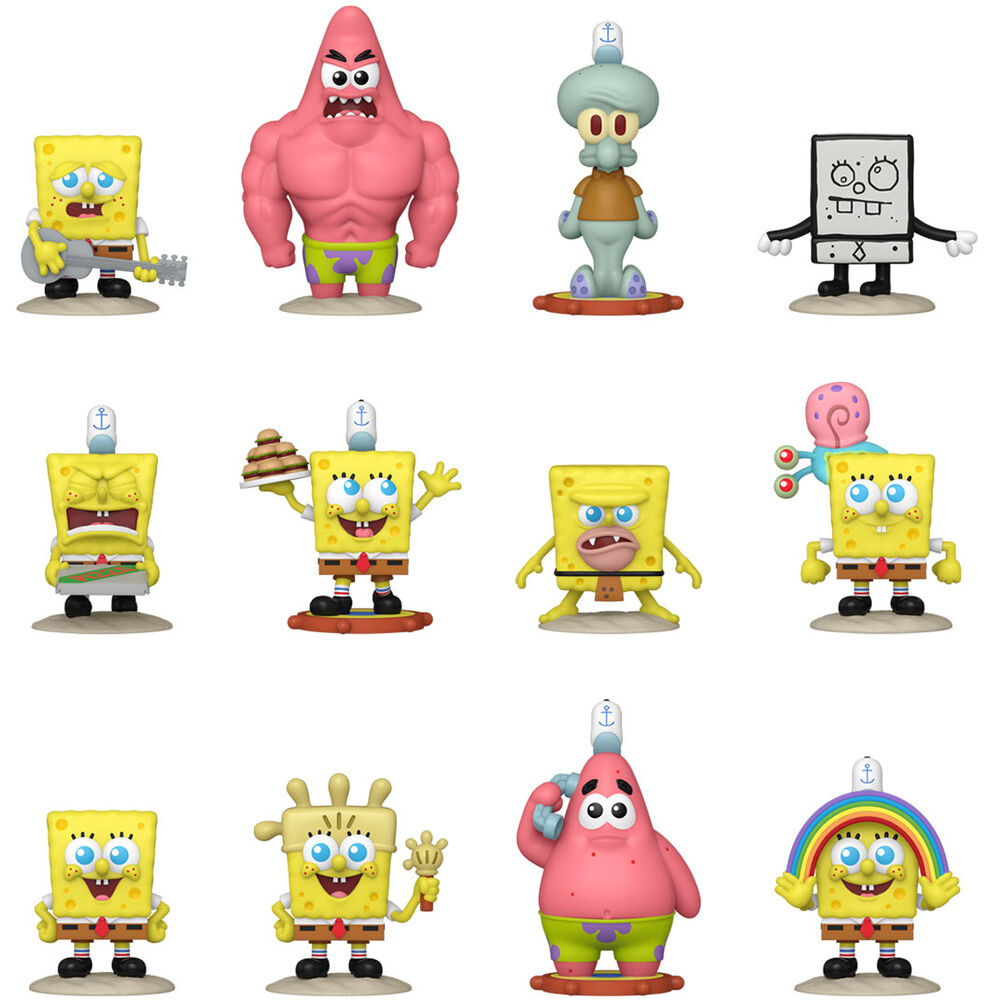 Ensemble de plusieurs figurines miniatures SpongeBob FUNKO en position debout sur fond blanc