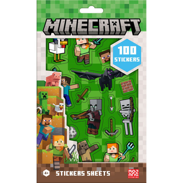 Vue rapprochée du set de stickers Minecraft officiel KIDS LICENSING montrant divers motifs colorés sur fond blanc