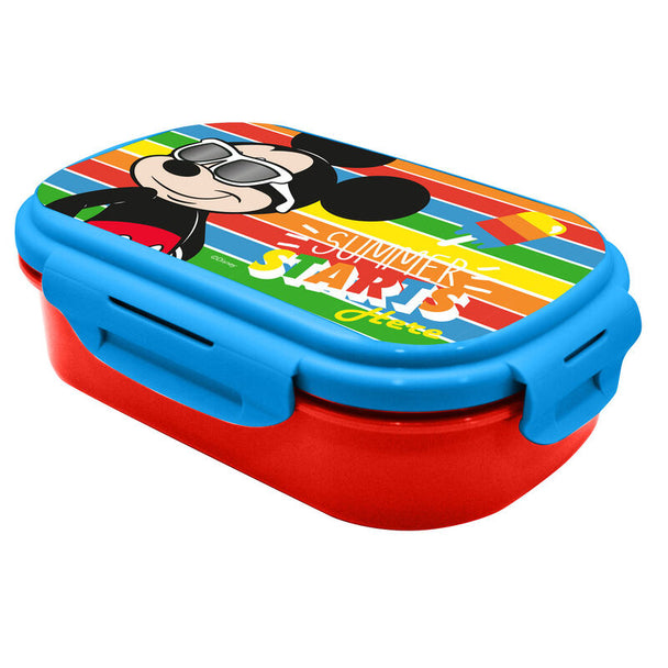 Lunch box Mickey Disney vue de face avec couverts intégrés et design coloré pour enfants.