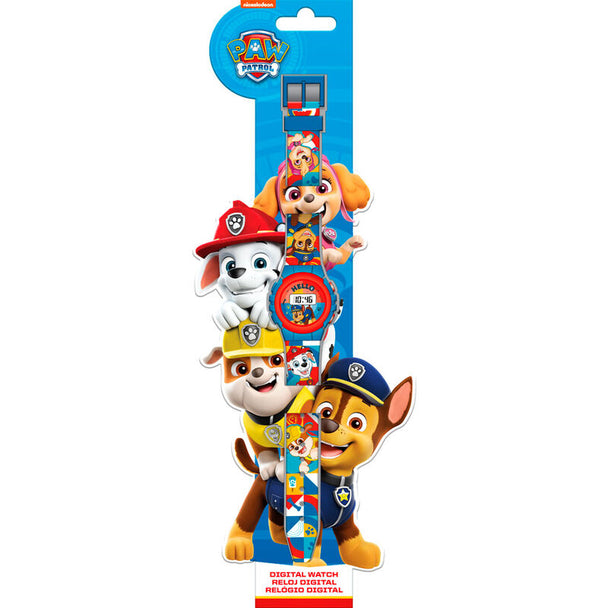 Montre digitale Paw Patrol pour enfants, vue de face avec écran digital clair et bracelet coloré