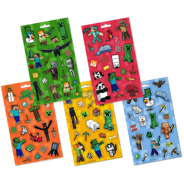 Image du packaging du set de stickers Minecraft 15x25cm avec logos et illustrations du célèbre jeu