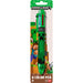 Zoom sur le design du stylo Minecraft avec ses six encres colorées visibles sur fond blanc