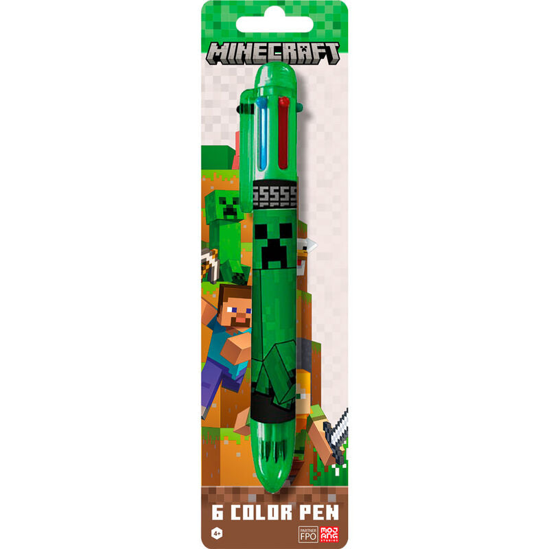 Zoom sur le design du stylo Minecraft avec ses six encres colorées visibles sur fond blanc