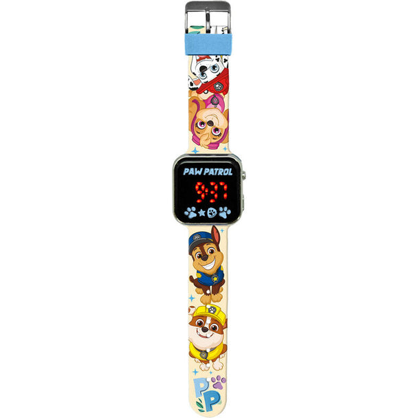 Vue rapprochée de la montre LED Paw Patrol montrant les dimensions compactes et le bracelet confortable