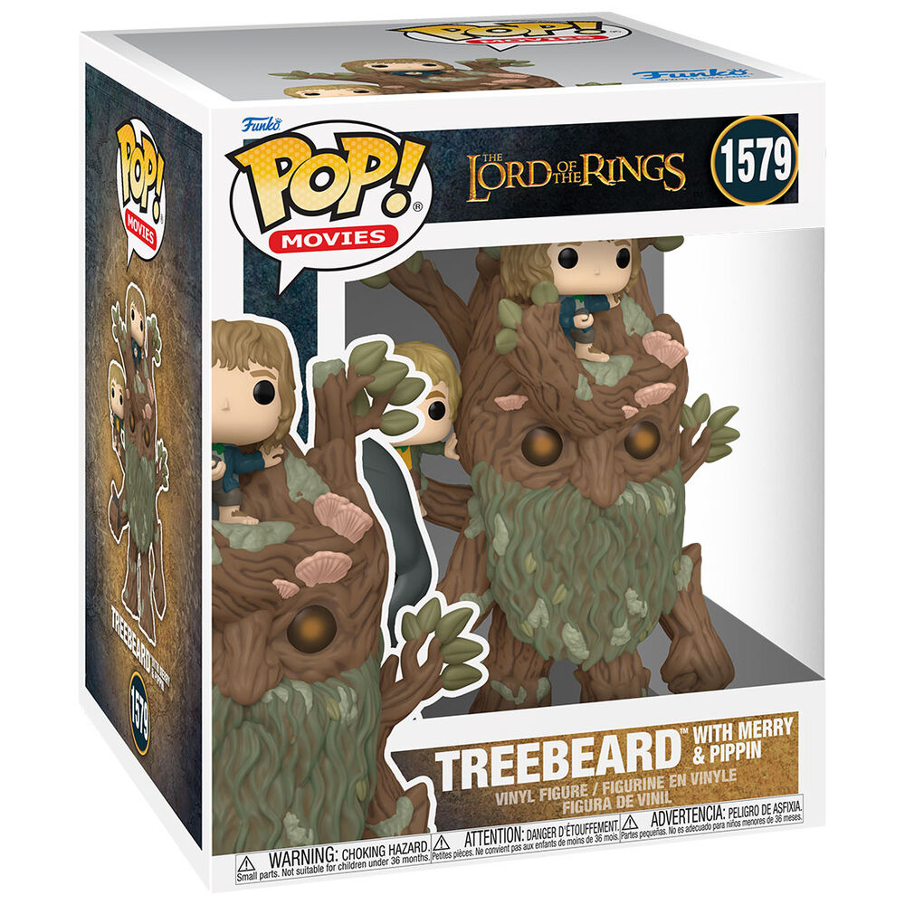 Figurine POP FUNKO de Treebeard tenant Merry et Pippin, inspirée du Seigneur des Anneaux, avec détails soignés et couleurs vives.