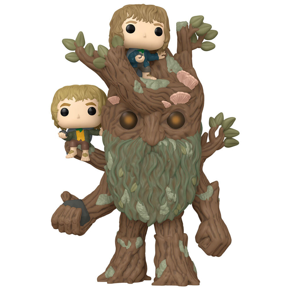 Vue rapprochée de la figurine POP FUNKO Treebeard avec Merry et Pippin, mettant en avant la texture et le design unique des personnages.