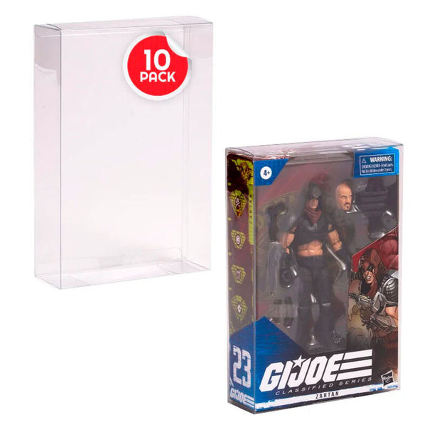 Pack de 10 protecteurs EVORETRO transparents pour figurines Gi Joe, dimensions 23,5x15,5x5,3 cm, plastique PET 0,4 mm