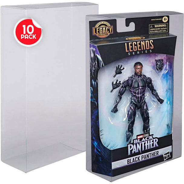 Pack de 10 protecteurs EVORETRO transparents en plastique PET pour figurines Marvel Legends, dimensions 27,2x15,8x6,5 cm, vue d'ensemble