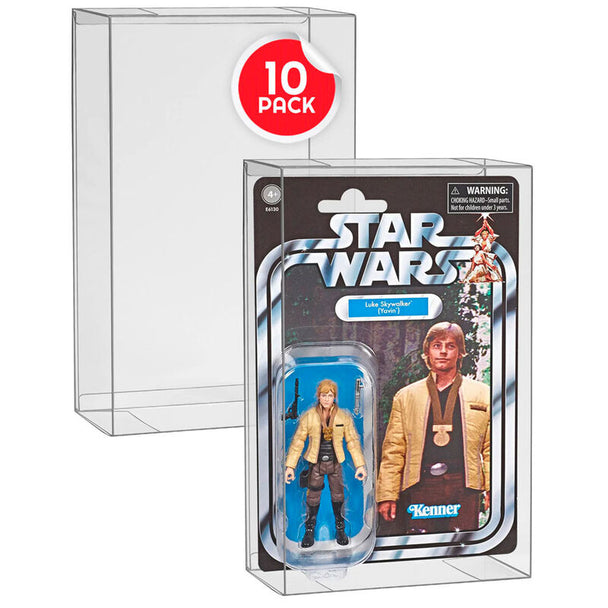 Pack de 10 protège-figurines EVORETRO en plastique PET transparent pour figurines Hasbro, dimensions 23x15,5x4cm.
