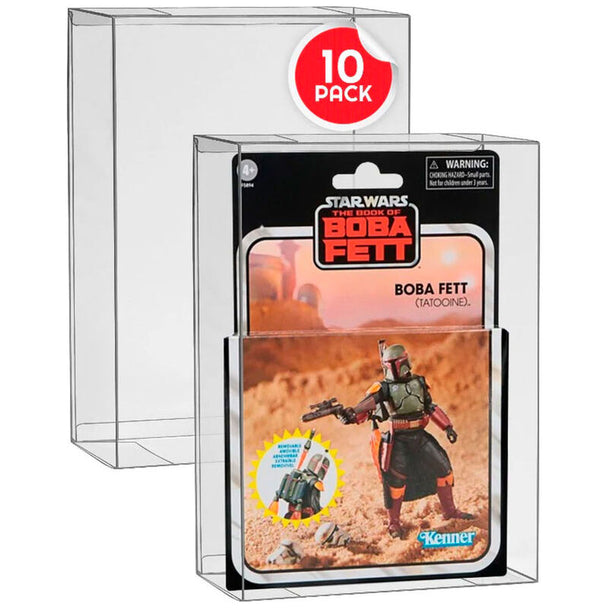 Pack de 10 protège-figurines EVORETRO pour figurines Hasbro, en plastique transparent PET de 23x15,5x4,4 cm, protégeant contre rayures et poussière.