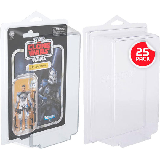 Pack de 25 protecteurs transparents EVORETRO pour figurines Star Wars, dimensions 22x13,5x5,5 cm