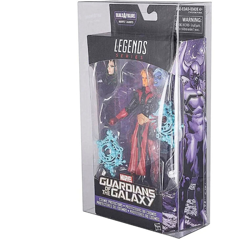 Détail d’un protecteur EVORETRO montrant l’épaisseur de 0,35 mm en plastique PET acid-free pour protection optimale des figurines Marvel Legends