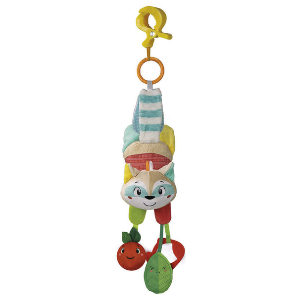 Jouet en peluche racoon CLEMENTONI avec anneau plastique et clip pour bébé, dimensions 18x34x11 cm, textures variées et effets sonores pour stimulation sensorielle.