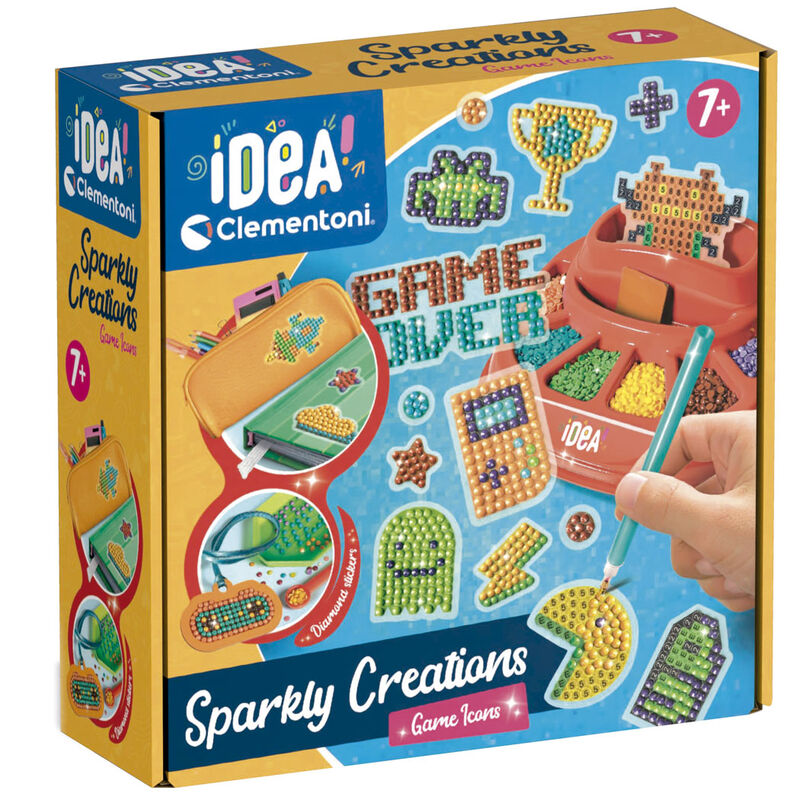 Boîte du jeu Bright Creations Icons de CLEMENTONI avec gemmes colorées et stylo spécial pour créations 3D.