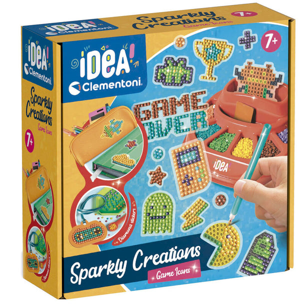 Boîte du jeu Bright Creations Icons de CLEMENTONI avec gemmes colorées et stylo spécial pour créations 3D.