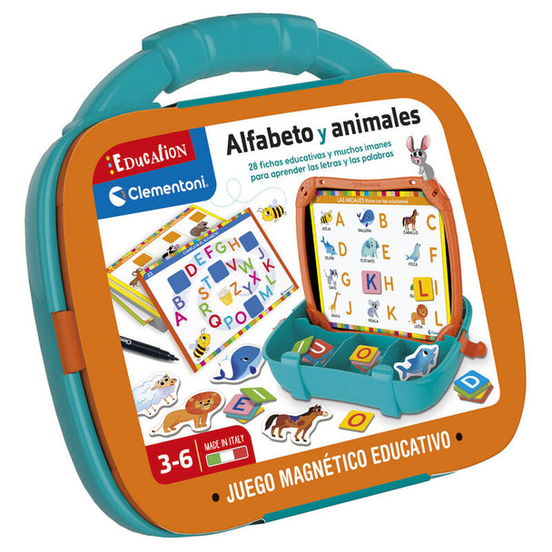Mallette magnétique Clementoni avec magnets alphabet et animaux pour enfants, dimensions 27,5x23x5 cm, idéale pour l'apprentissage ludique.