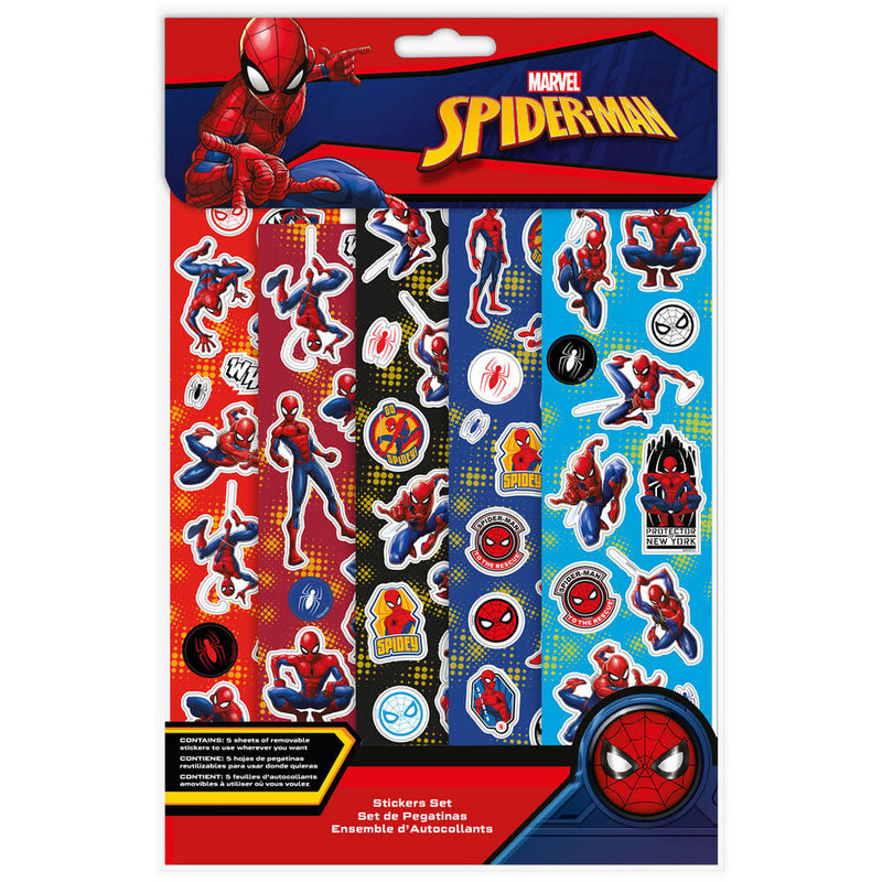 Plan rapproché du set de stickers Marvel Spiderman avec plusieurs autocollants colorés sur fond blanc