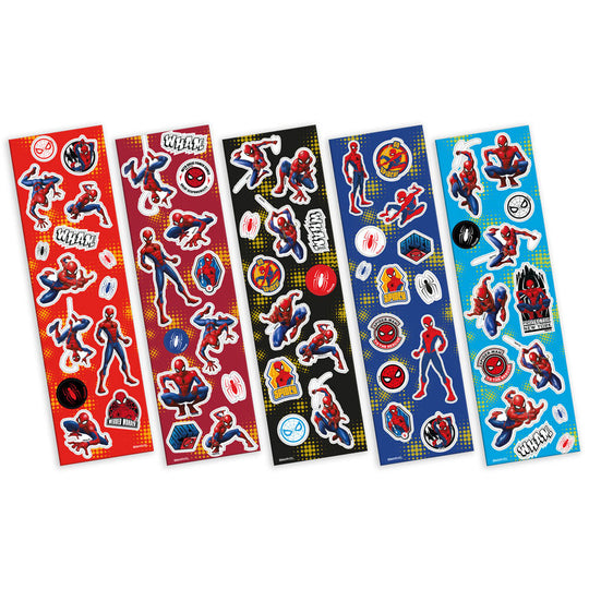 Vue détaillée des stickers Spiderman Marvel montrant les différents designs et tailles inclus dans le set