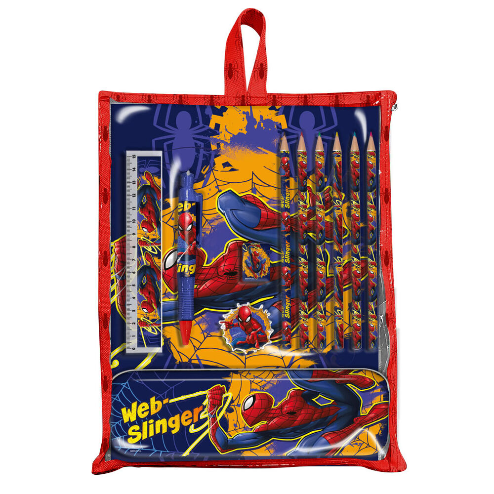 Set de papeterie Marvel Spiderman avec sac, dimensions 22,5x30x2 cm, parfait pour enfants fans de super-héros.