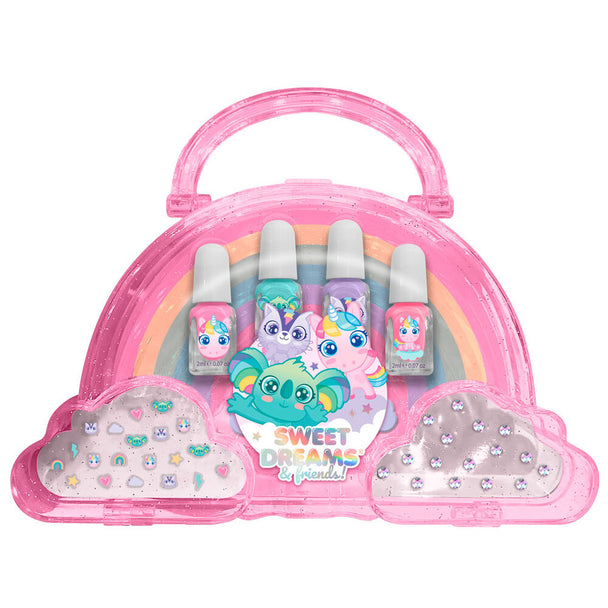 Kit Sweet Dreams pour nail art avec accessoires de design d'ongles sur fond clair, taille 18x10 cm.
