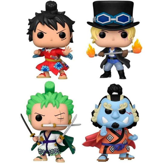 Pack de 4 figurines FUNKO POP One Piece avec Luffytaro, Sabo, Roronoa Zoro et Jinbe en vue avant détaillée