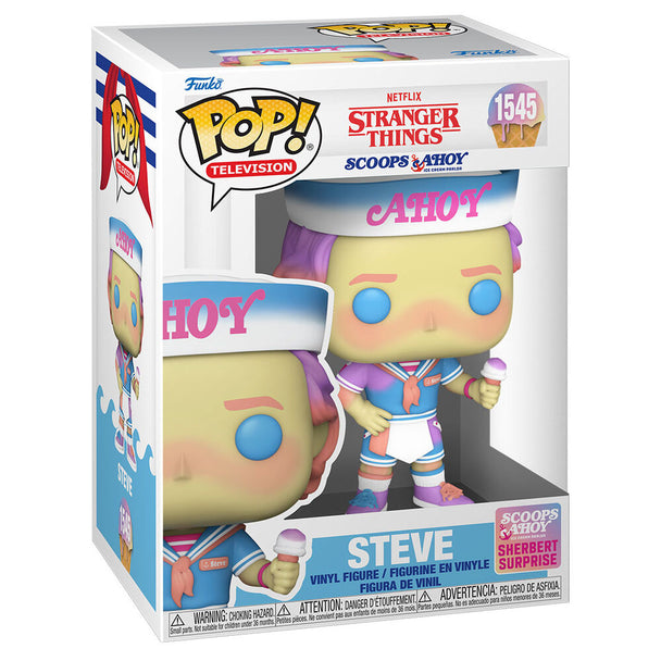 Figurine Funko POP Steve en uniforme Scoops Ahoy de Stranger Things, vue de face dans sa boîte cadeau.