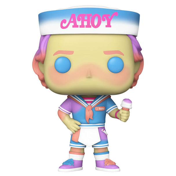 Figurine vinyle Funko POP Stranger Things Steve Scoops Ahoy, détail du visage et costume bleu et blanc.
