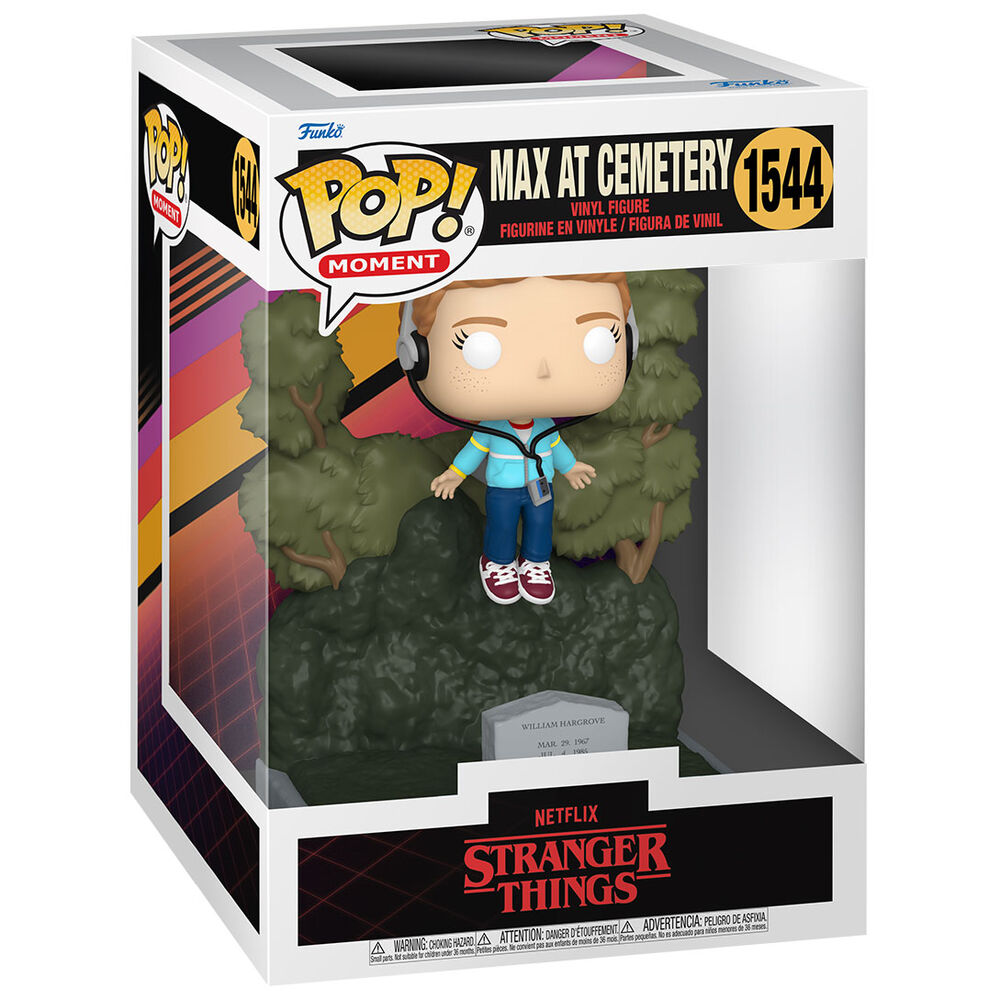 Packaging de la figurine Funko POP Max Stranger Things au cimetière, montrant la boîte collector et le personnage en vinyle de 9 cm