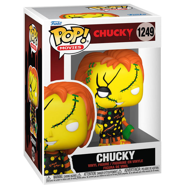 Détail de la figurine Funko POP Chucky montrant les traits caractéristiques du personnage en vinyle