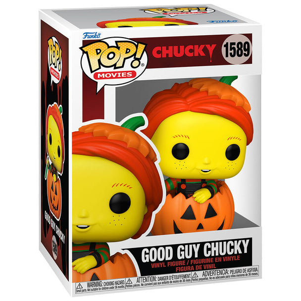 Boîte cadeau officielle FUNKO contenant la figurine Chucky Good Guy POP de 9 cm, présentée sous un angle latéral