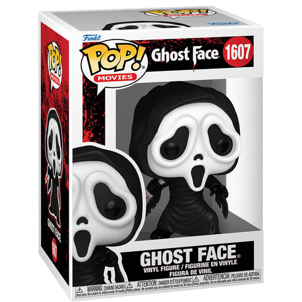Vue rapprochée de la figurine Funko POP Ghost Face Scream, montrant les détails du masque et de la cape noire.