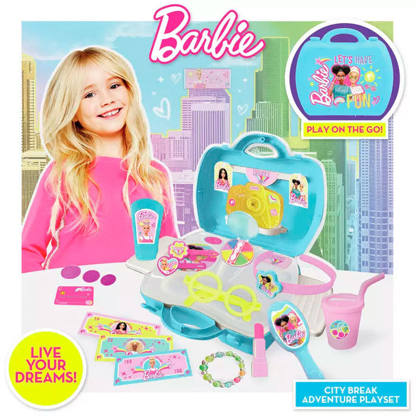 Boîte d'accessoires Barbie Creageek Multivers ouverte montrant les 20 pièces colorées et variées pour personnaliser les poupées.